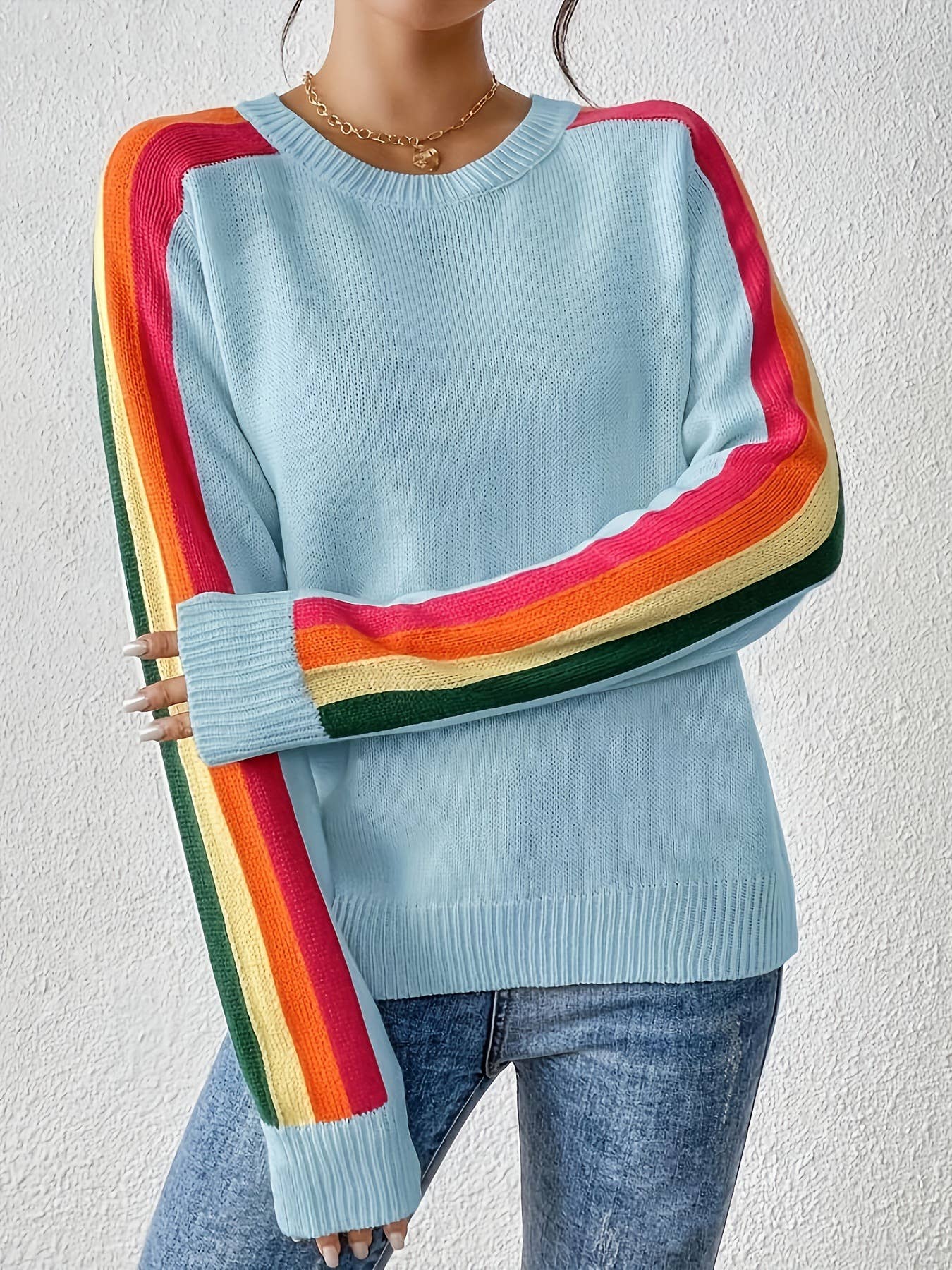 Rory- Retro Vibe Rainbow Sleeves Ribbed Neck Knit Sweater