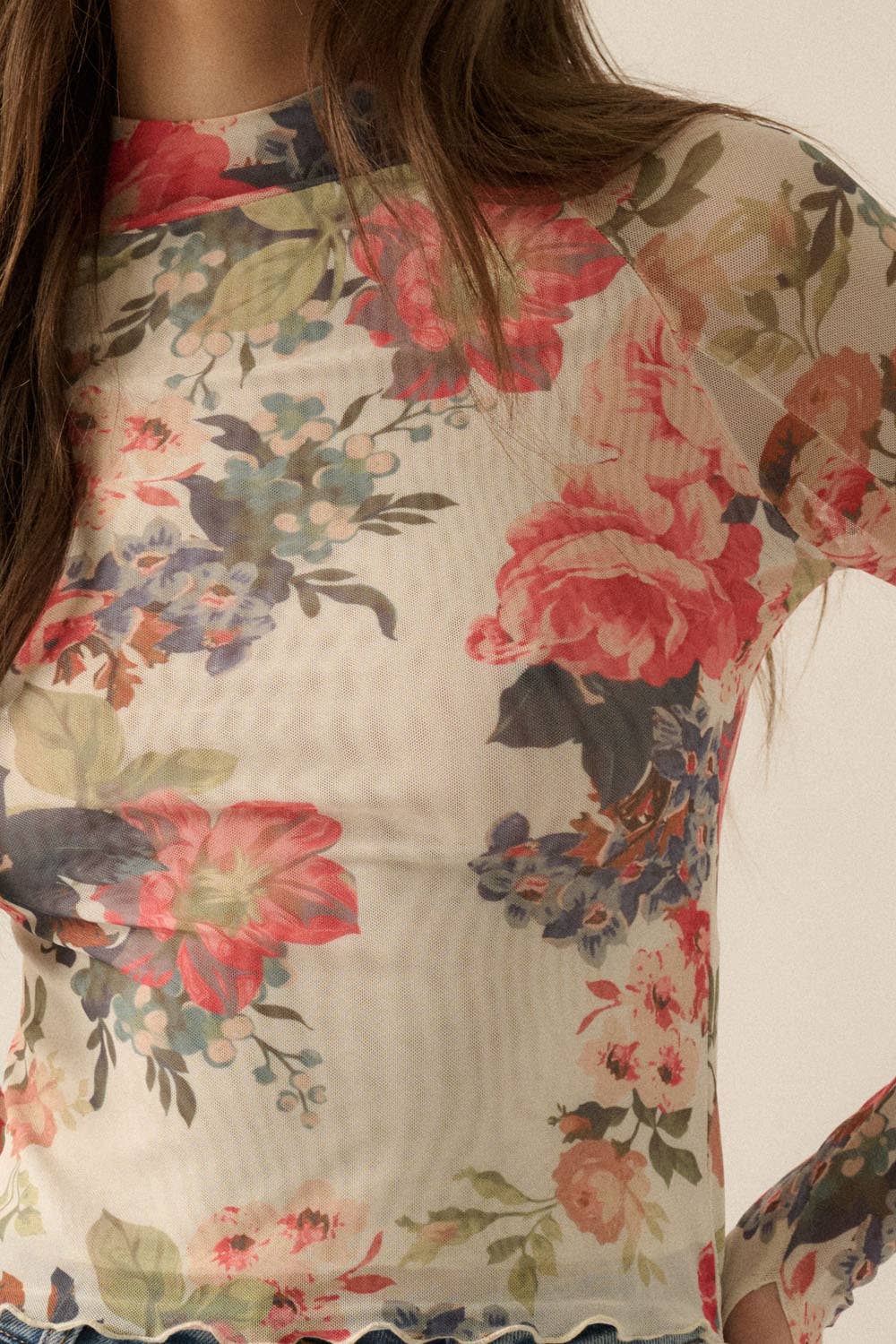 Poppy - Floral-Print Mesh Mock-Neck Thumbhole Top
