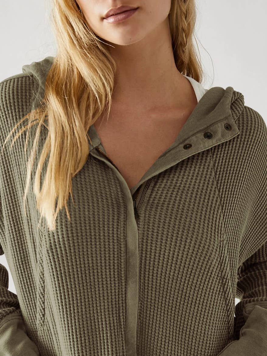 Marisol - Half button zip up waffle crop hoodie sweatshirt jacket