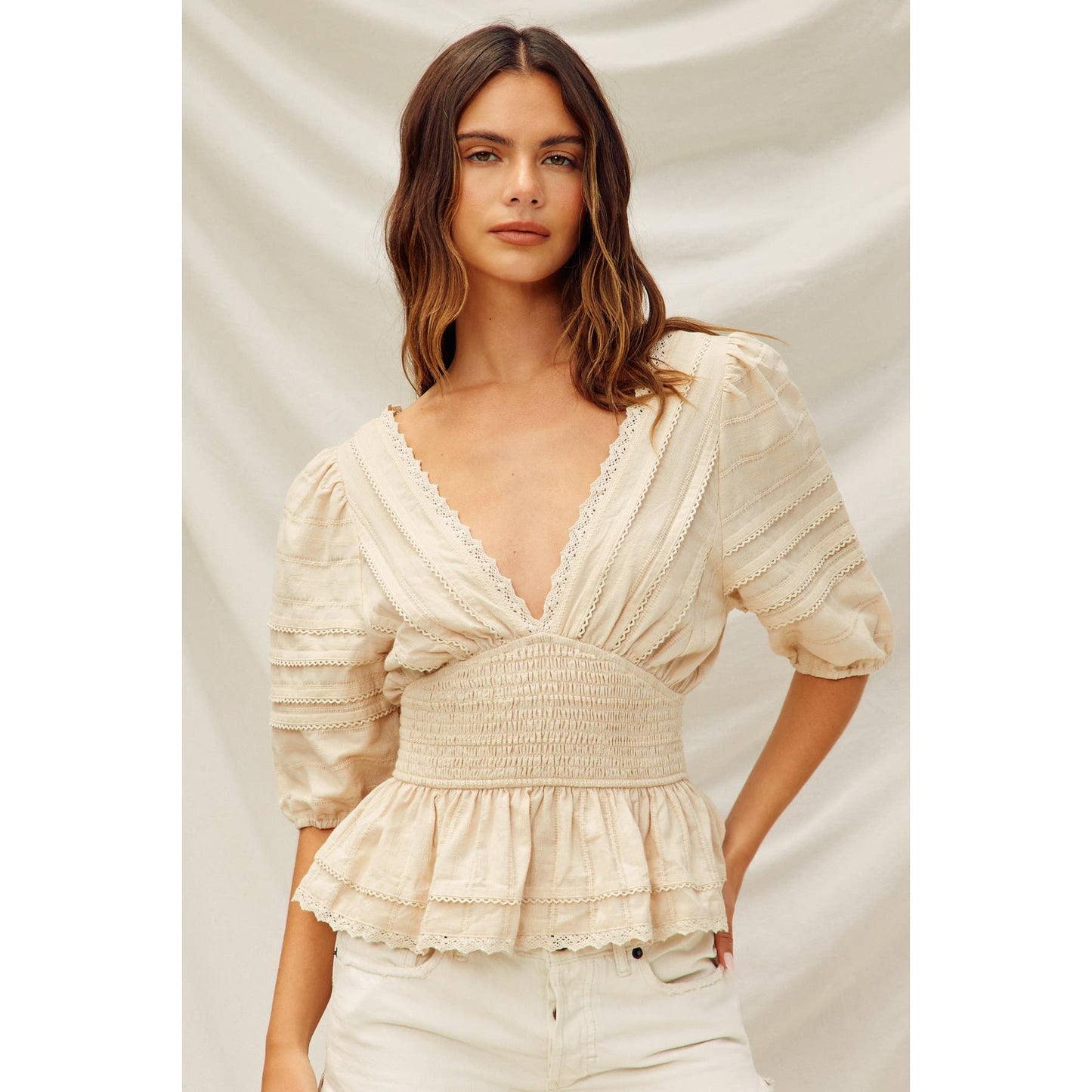 Pearl - Lacy Cotton Jacquard Smocked Waist Peplum Top