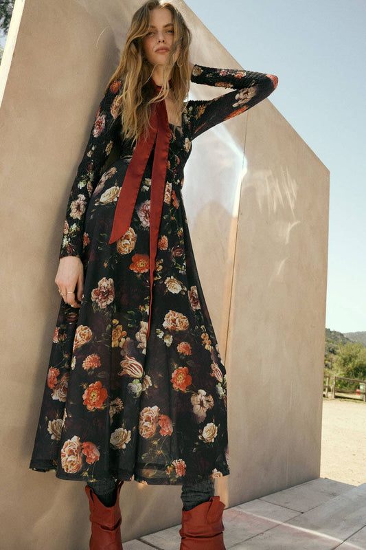 Lydia - Floral-Print Mesh Smocked Long-Sleeve Maxi Dress