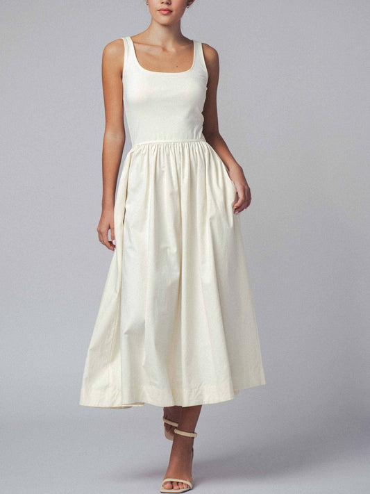 Erica -  Square Neck Cotton Blend Gathered Waist Midi Dress
