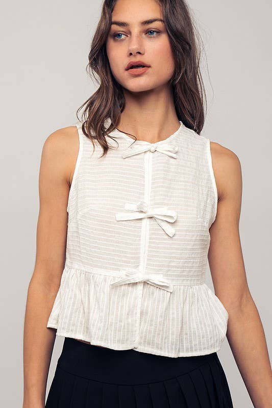 Robin -Romantic Triple Bow Front Textured White Babydoll Vest