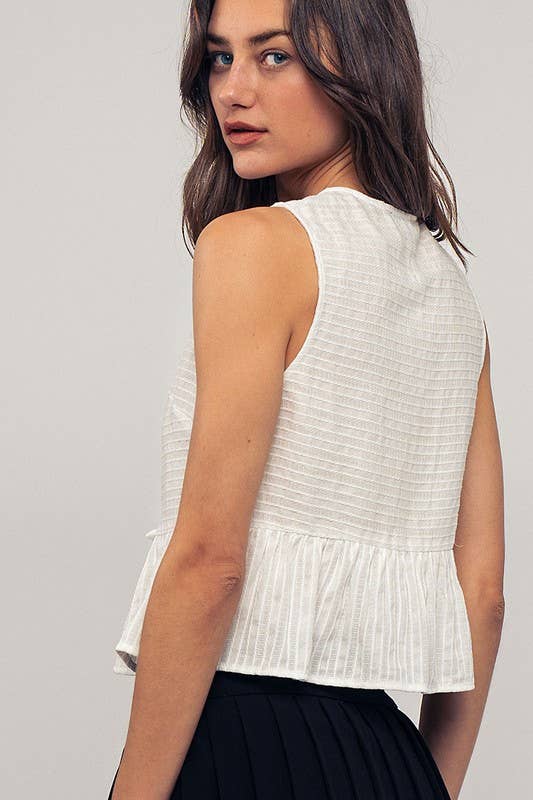 Robin -Romantic Triple Bow Front Textured White Babydoll Vest