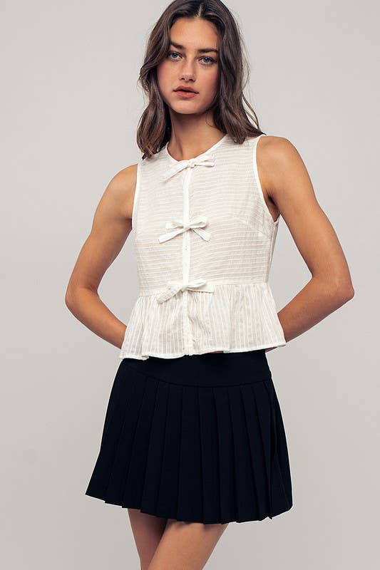 Robin -Romantic Triple Bow Front Textured White Babydoll Vest