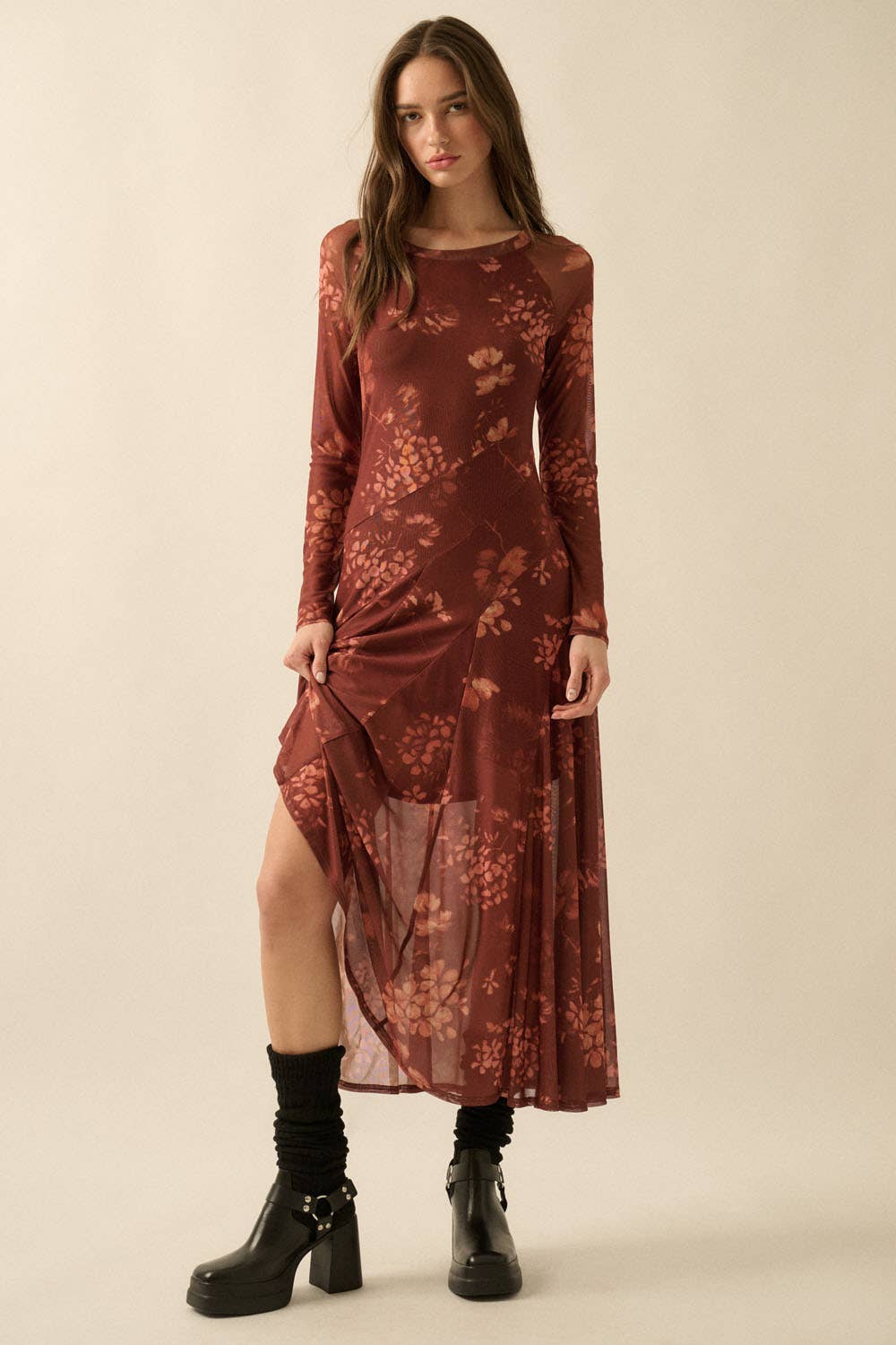 Harriet - Floral Mesh Asymmetrical Paneled Midi Dress