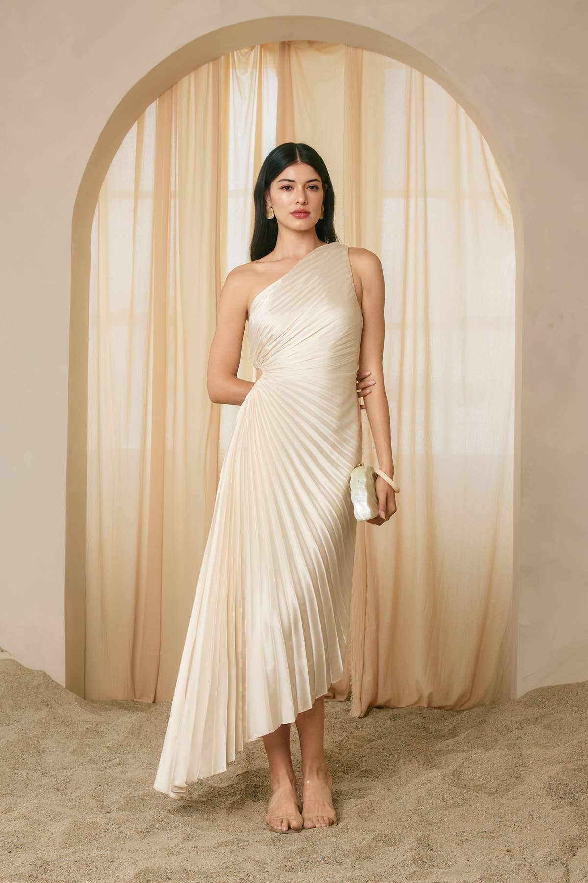 Olympia Asymmetrical Pleated Maxi Dress