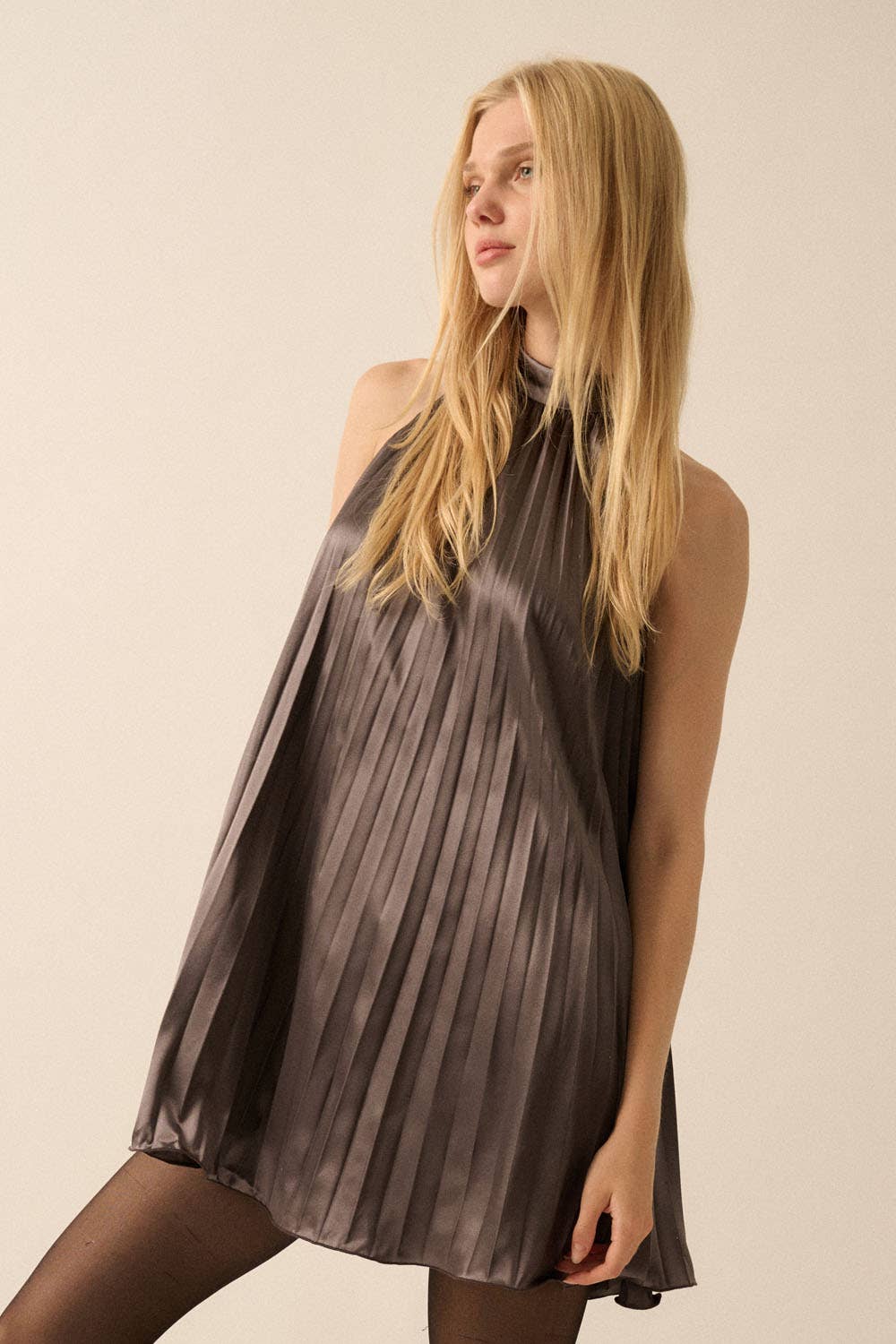 Staci - Satin Accordion-Pleated Halter Swing Dress