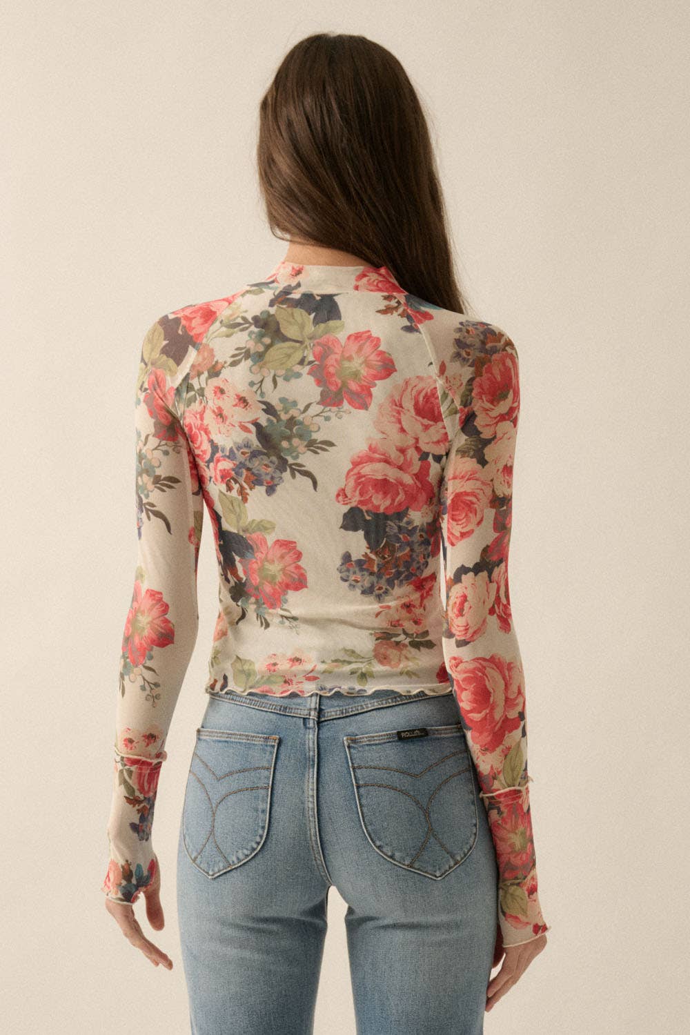Poppy - Floral-Print Mesh Mock-Neck Thumbhole Top