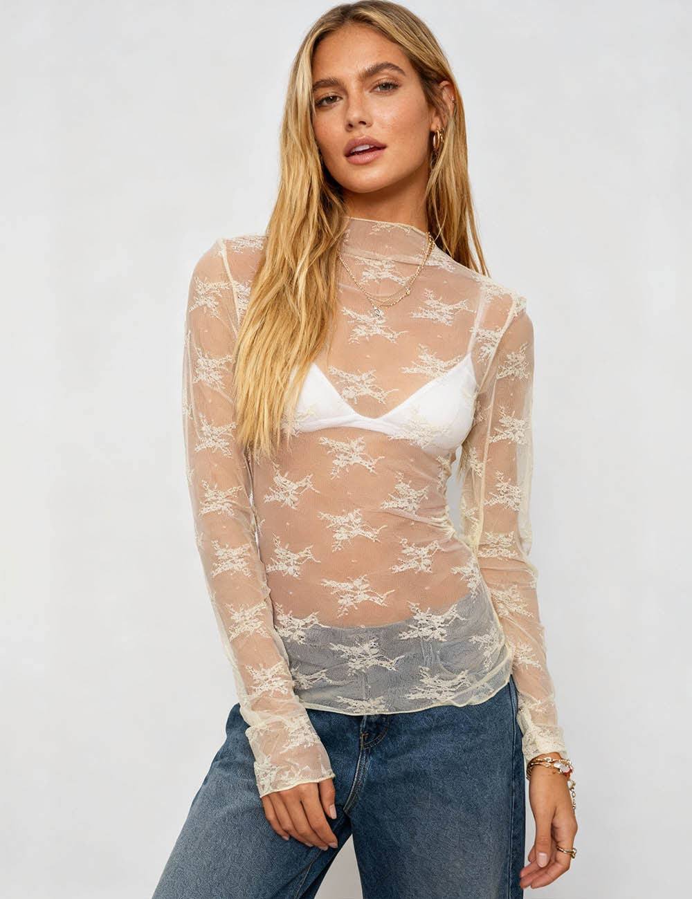 Lux Lace Sheer Long-Sleeve Top