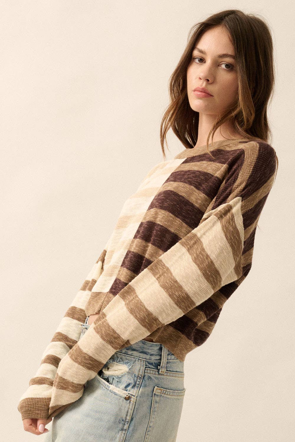 Claire - Contrast Color Stripes Ribbed-Knit Sweater