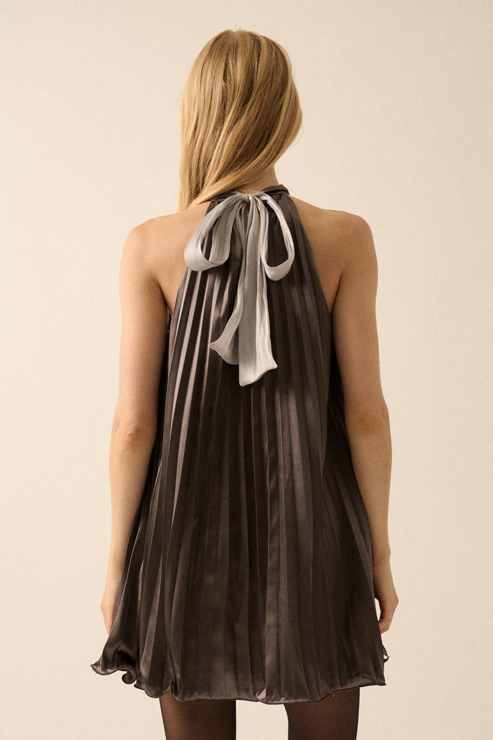 Staci - Satin Accordion-Pleated Halter Swing Dress
