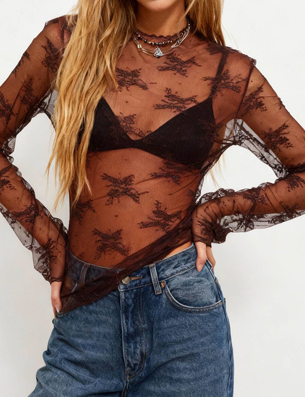 Lux Lace Sheer Long-Sleeve Top