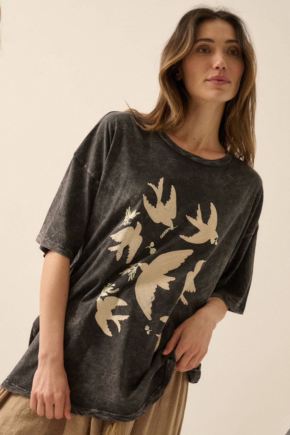 Val - Vintage Birds Mineral Washed Oversized Graphic Tee