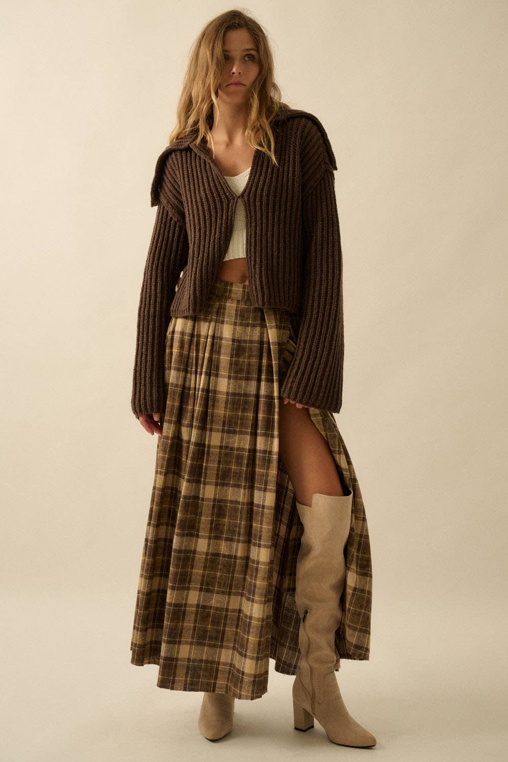 Daisy Plaid Raw Hem Maxi Skirt