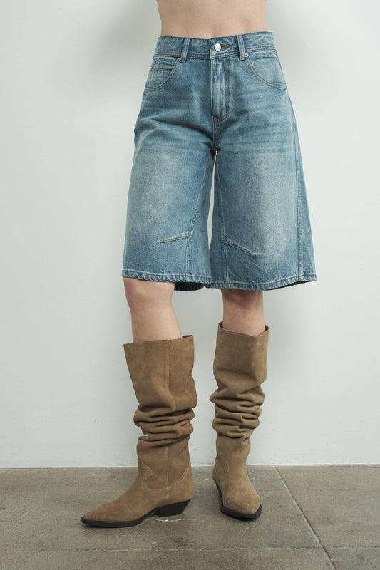 Lucy Low Rise Denim Bermuda Shorts With Yoke Seam