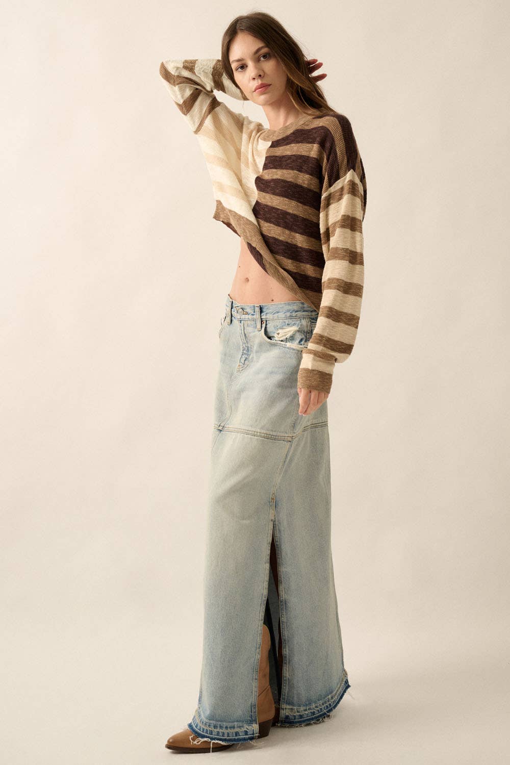 Claire - Contrast Color Stripes Ribbed-Knit Sweater