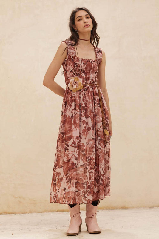 Caroline Floral Mesh Fit-and-Flare Smocked Midi Dress