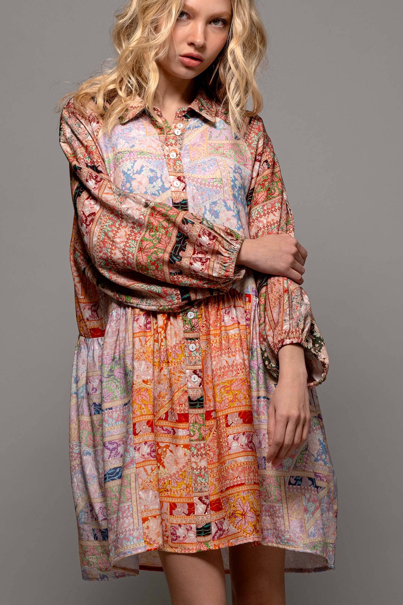 Retro Bohemian Button Down Balloon Sleeve Mini Dress