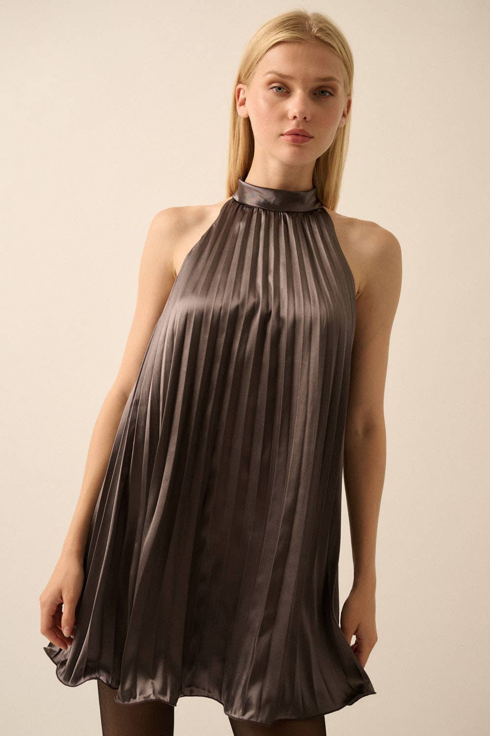 Staci - Satin Accordion-Pleated Halter Swing Dress