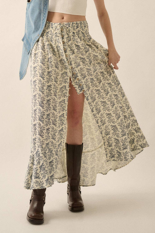 Annabelle- Floral Print Crinkle Cotton Buttoned Maxi Skirt