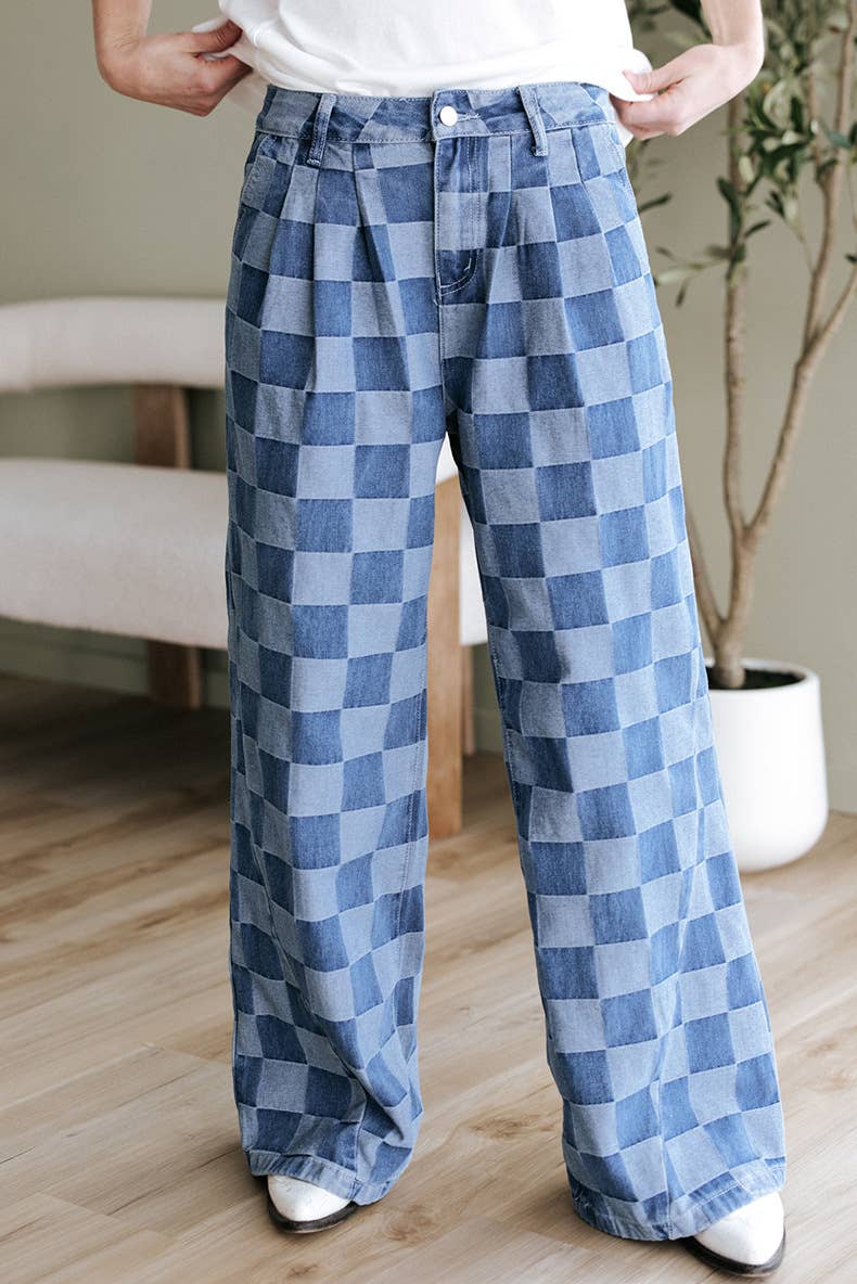 Cora - checkerboard high-waist wide-leg jeans