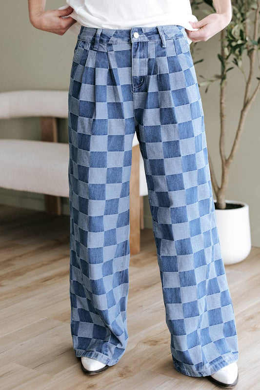 Cora - checkerboard high-waist wide-leg jeans