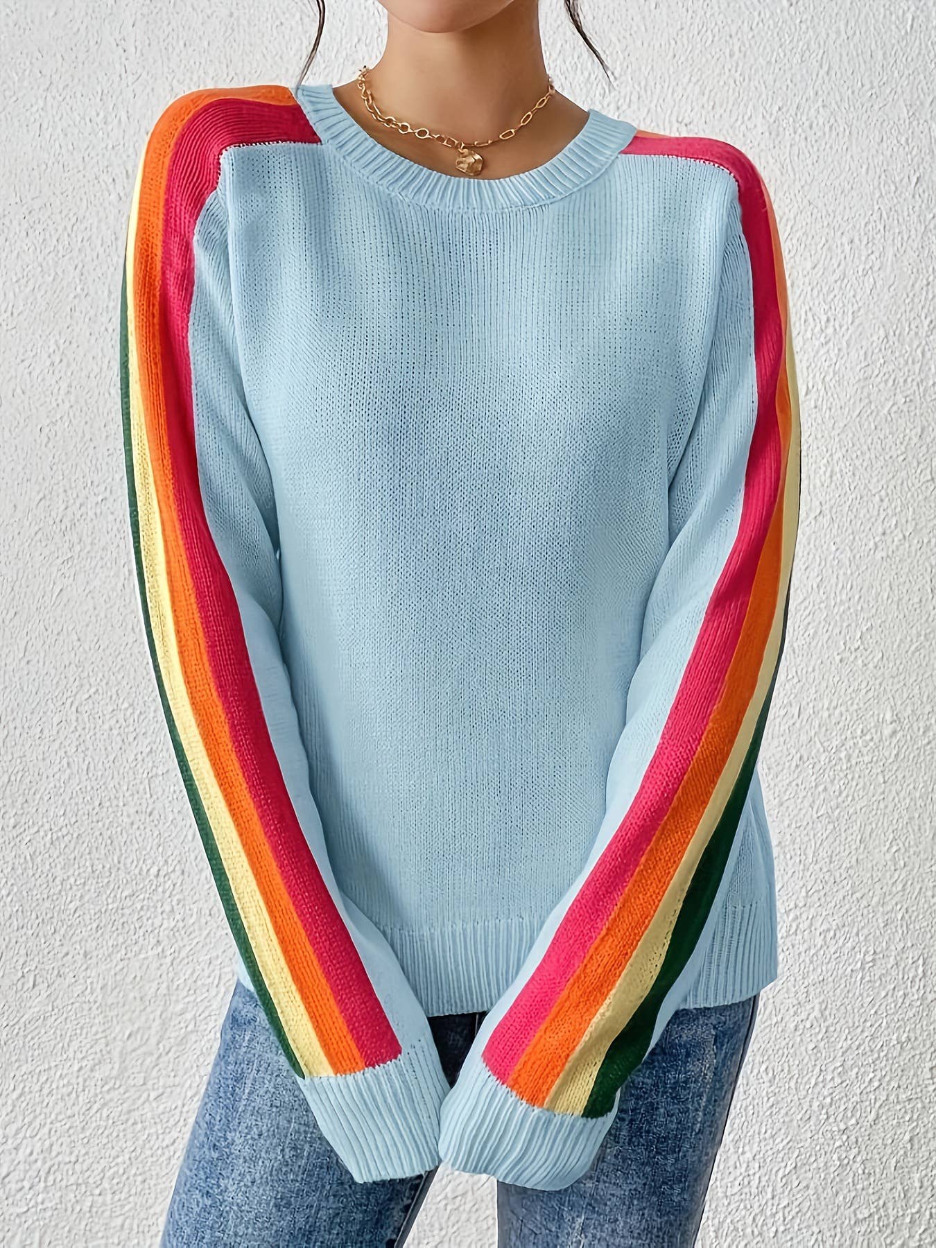 Rory- Retro Vibe Rainbow Sleeves Ribbed Neck Knit Sweater