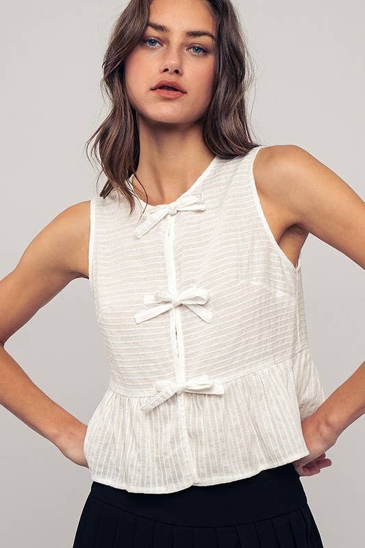 Robin -Romantic Triple Bow Front Textured White Babydoll Vest