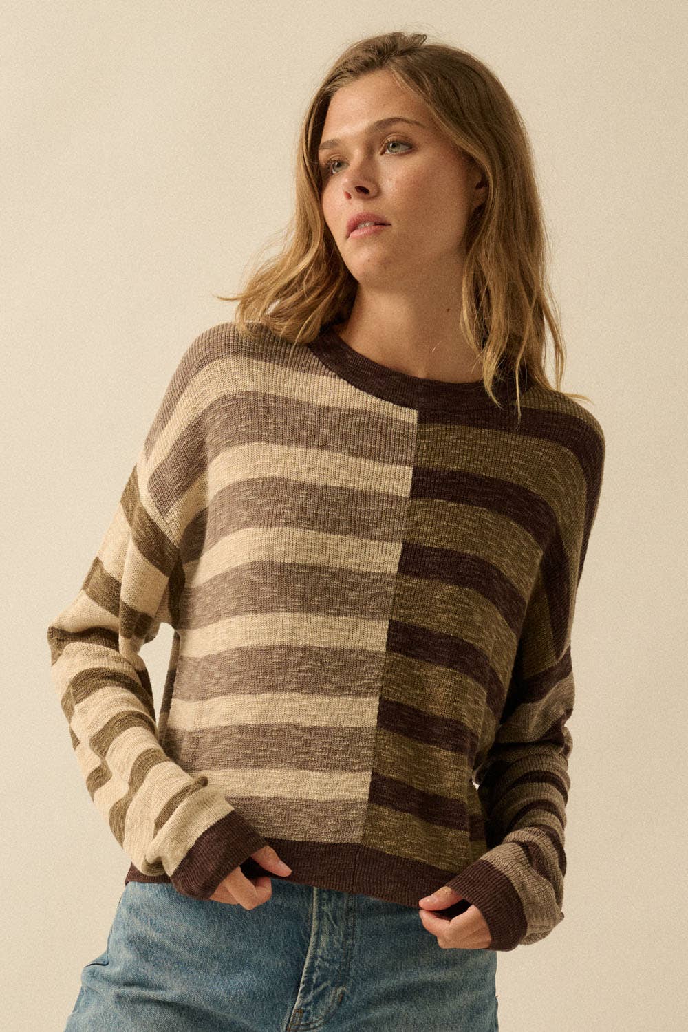 Claire - Contrast Color Stripes Ribbed-Knit Sweater