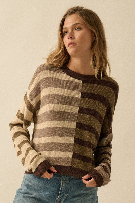 Claire - Contrast Color Stripes Ribbed-Knit Sweater