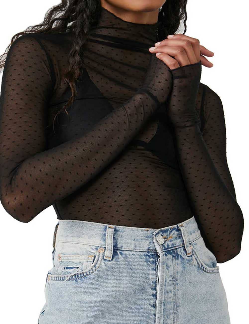 Ladies Polka Dot Mesh Turtleneck Layering Top