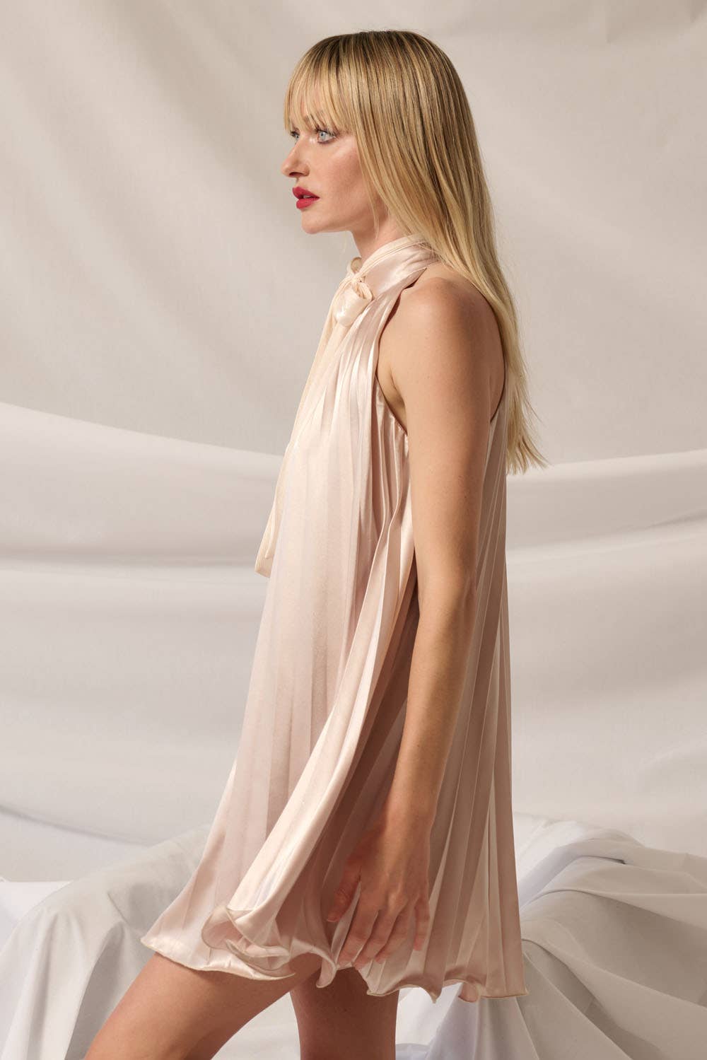 Staci - Satin Accordion-Pleated Halter Swing Dress