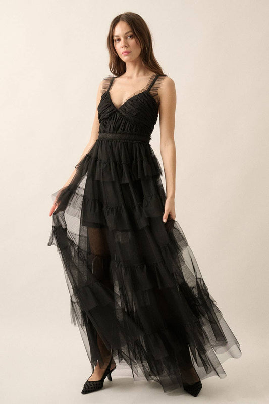 Frida - Floral Lace and Tulle Tiered Ruffle Maxi Dress