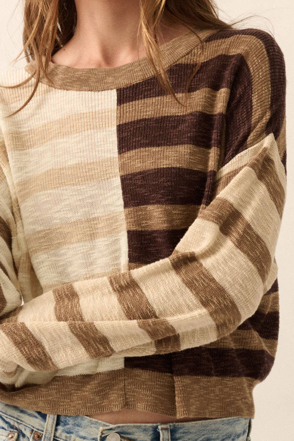 Claire - Contrast Color Stripes Ribbed-Knit Sweater
