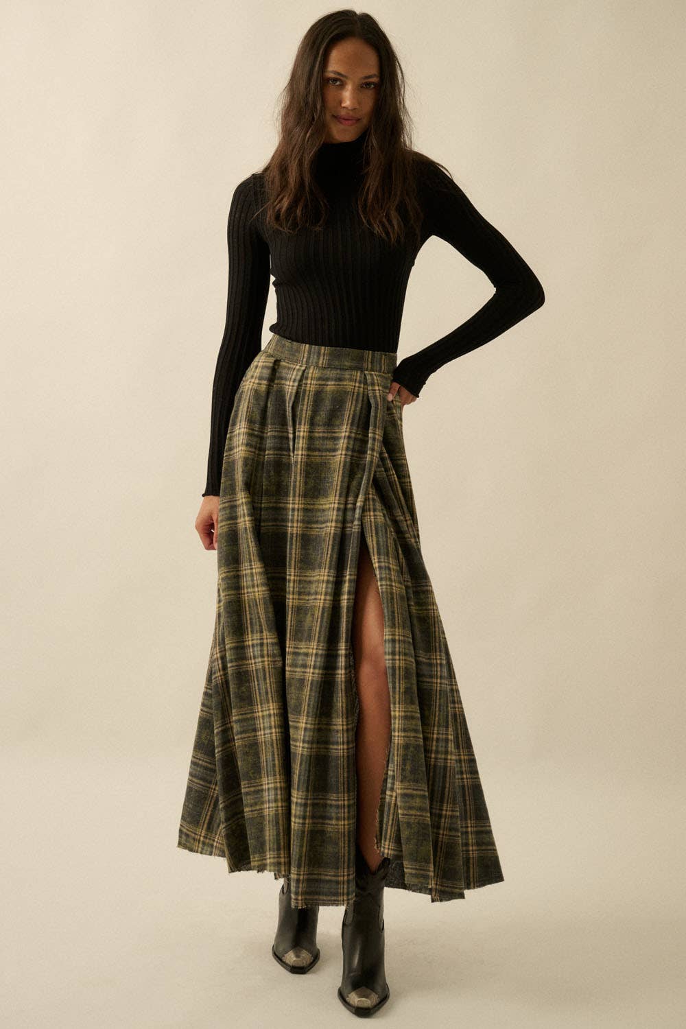 Daisy Plaid Raw Hem Maxi Skirt