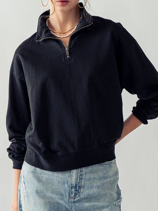 Urban Daizy -Ariana Mineral Washed French Terry Half Zip Knit Top