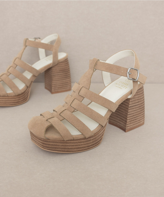 Oasis Society -The Hailee Khaki | Gladiator Cage Platform Heels